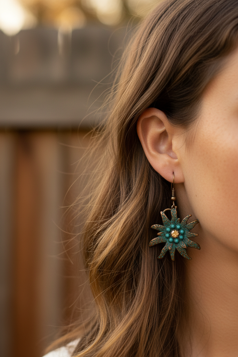 Antique bronze bohemian earrings worn on ear with earthy bokeh background