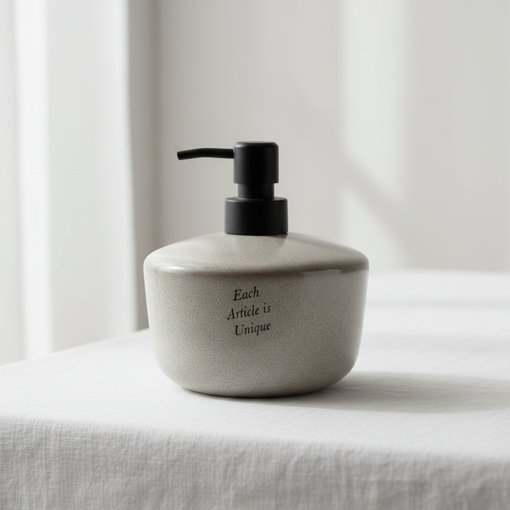 BeMore Dispenser on white linen showing unique stone texture
