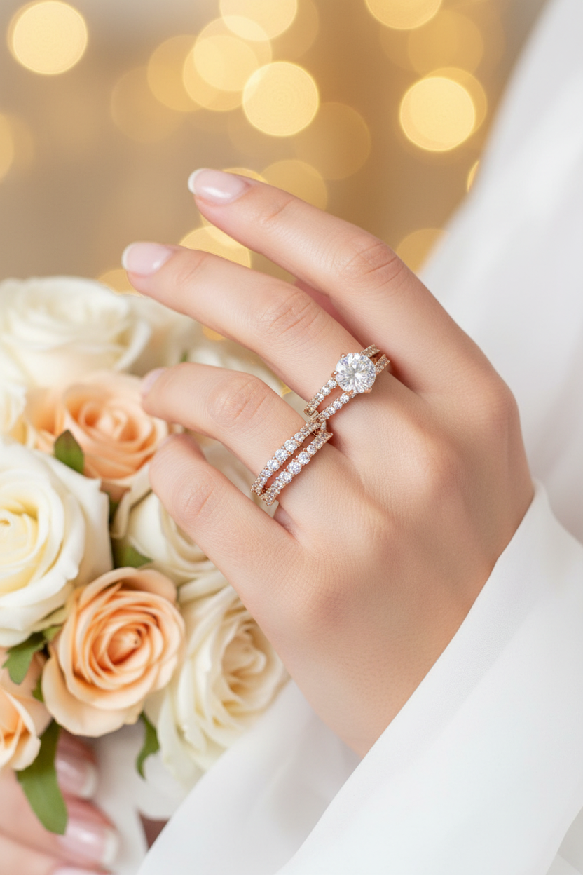 18K gold-plated CZ solitaire and double-row pavé eternity band worn on two separate fingers