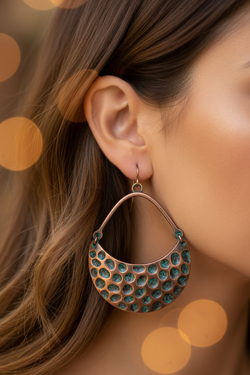 Crescent copper honeycomb earrings worn on ear with warm earthy bokeh background