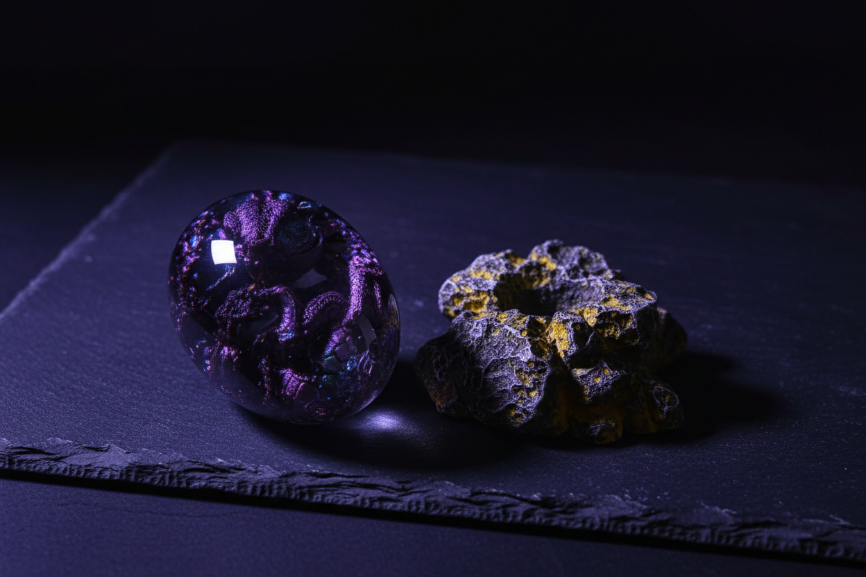 Midnight Dragon Egg and volcanic rock base shown separately, dark fantasy flat lay