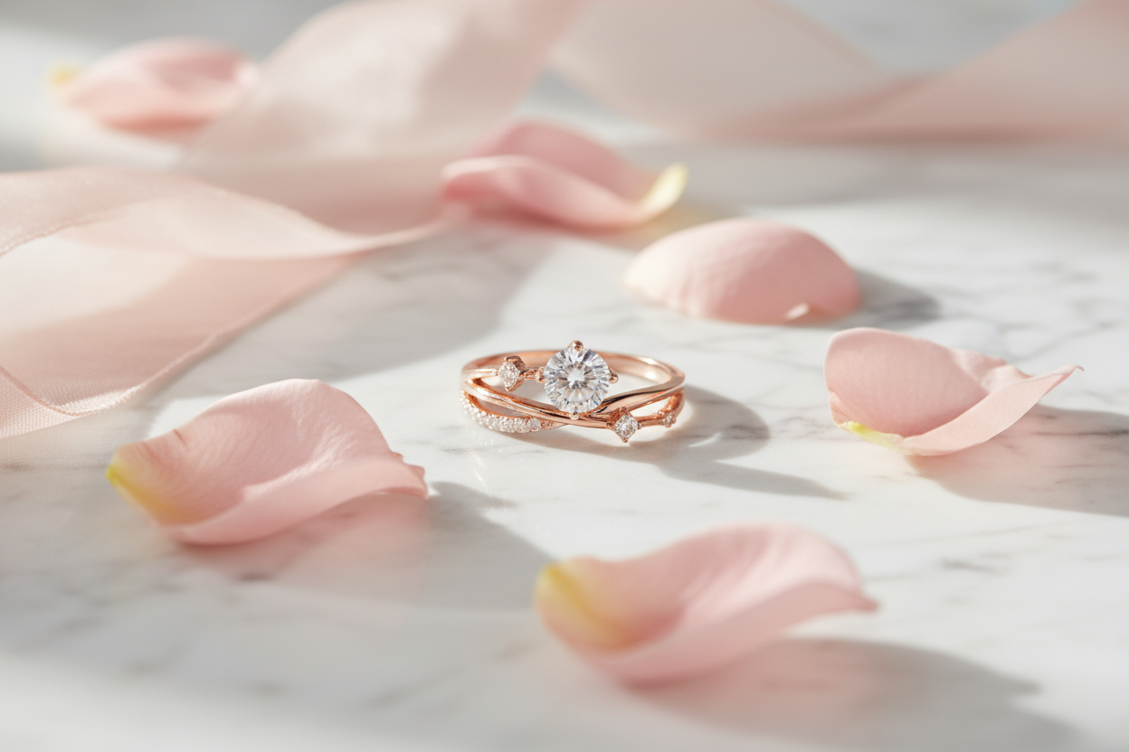Rose gold solitaire ring flat lay on white marble with pink rose petals and blush ribbon