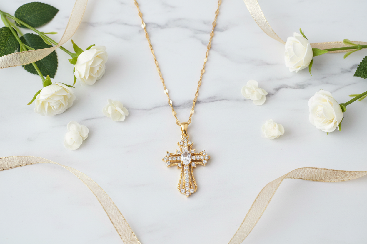Gold cross necklace flat lay on white marble with white roses and gold ribbon