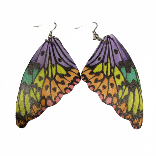 Large butterfly wing pattern earrings in purple yellow-green and orange on white background