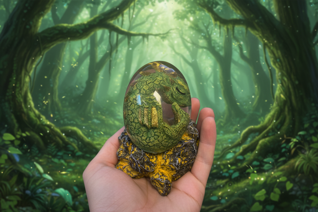 Forest Dragon Egg held in hand, enchanted forest atmosphere