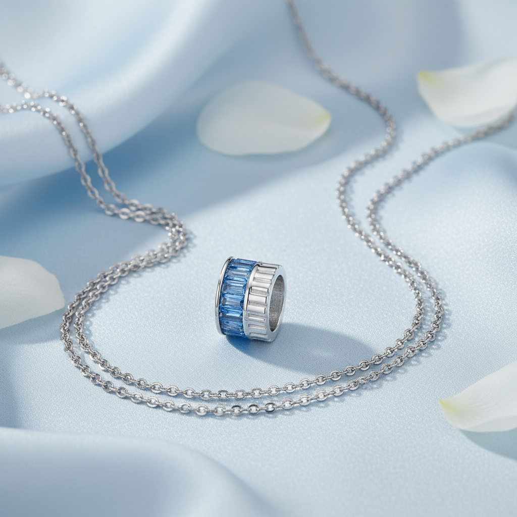 Blue and Silver Necklace - Light Blue Silk