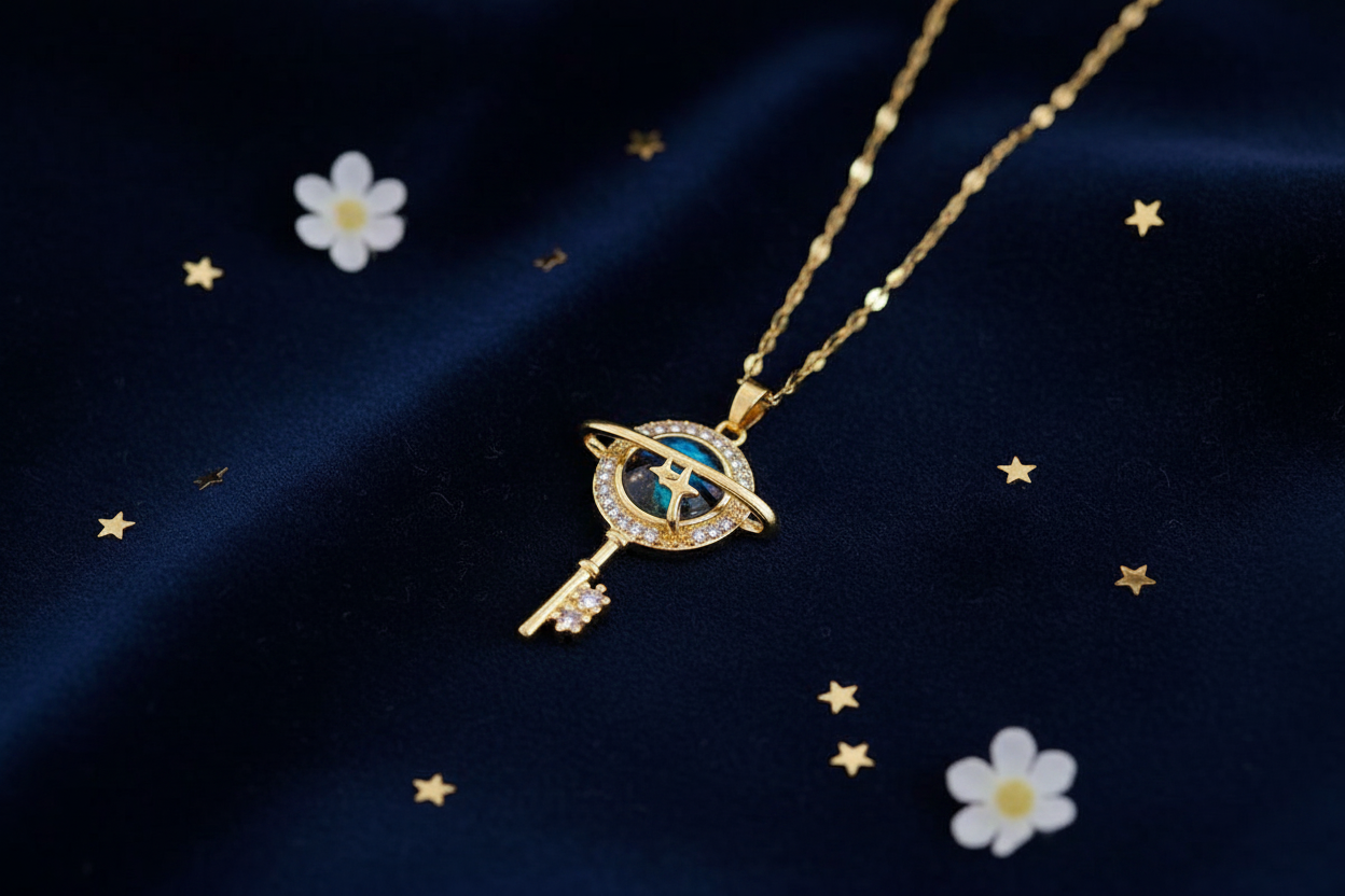 Gold galaxy key necklace flat lay on dark navy velvet with gold stars and white flowers