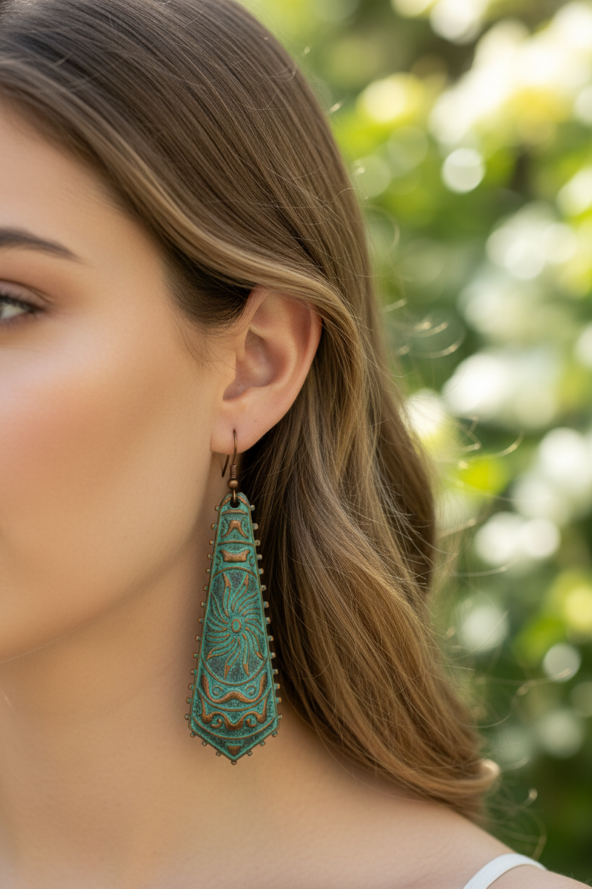 Teal copper dragonfly drop earrings worn on ear with green botanical bokeh