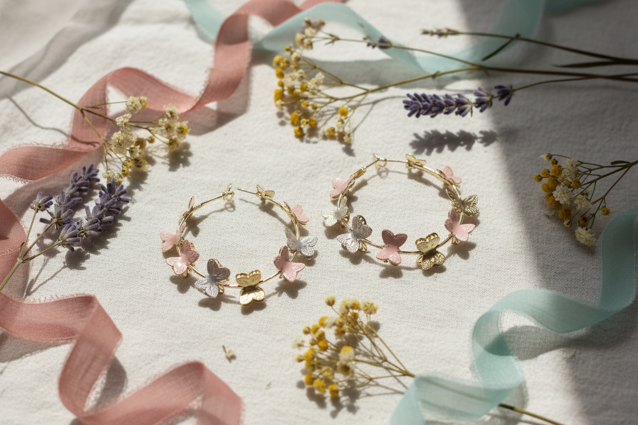 Butterfly hoop earrings flat lay on white linen with dried wildflowers and pastel ribbon