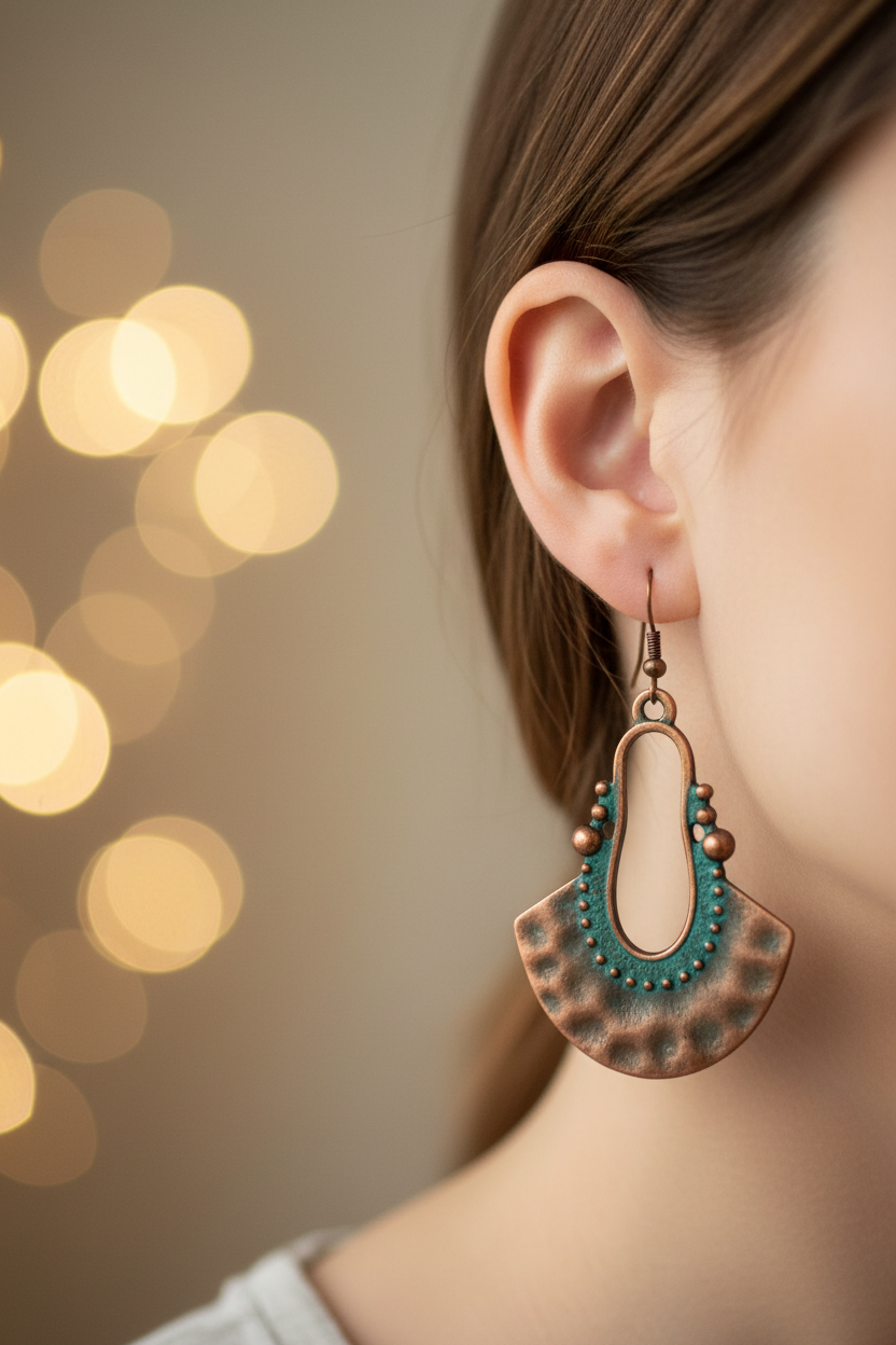 Fan-shaped copper bohemian earrings worn on ear with warm neutral bokeh background