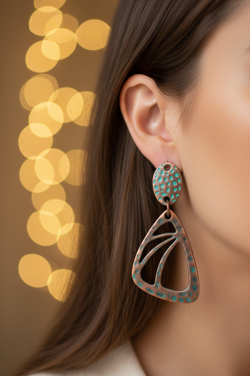 Butterfly wing copper earrings worn on ear with golden bokeh background