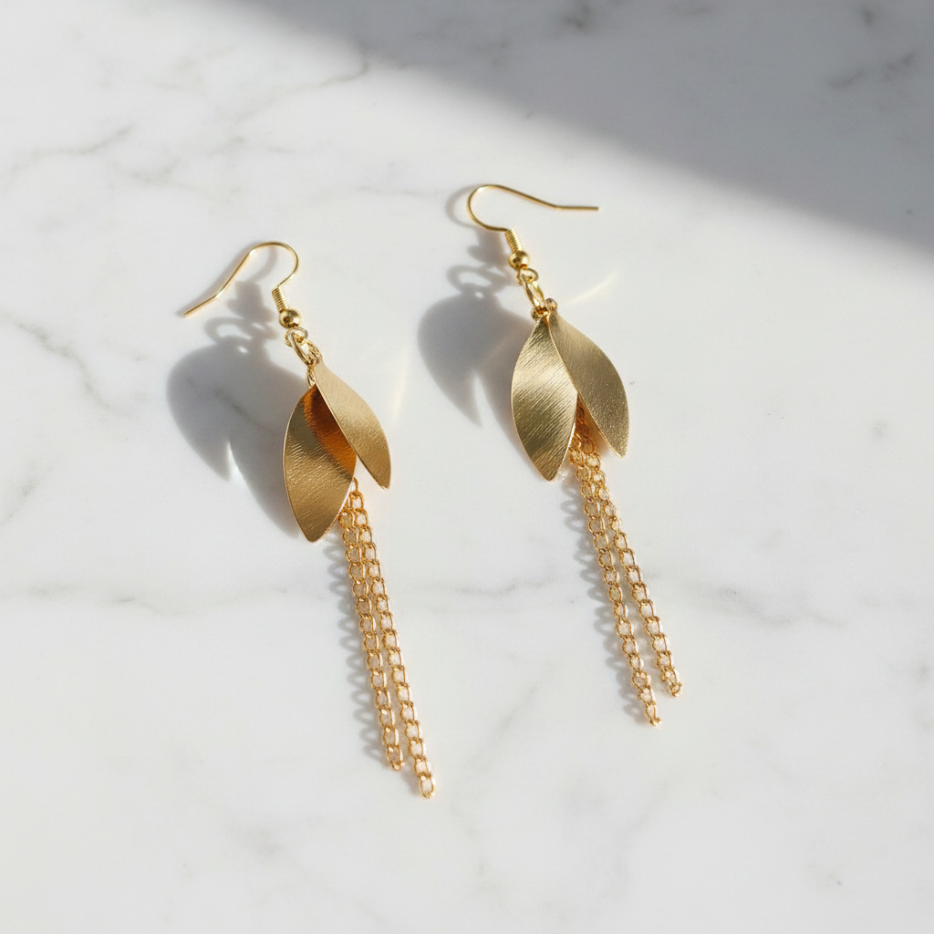 Gold Twisted Leaf Chain Tassel Drop Earrings - Studio