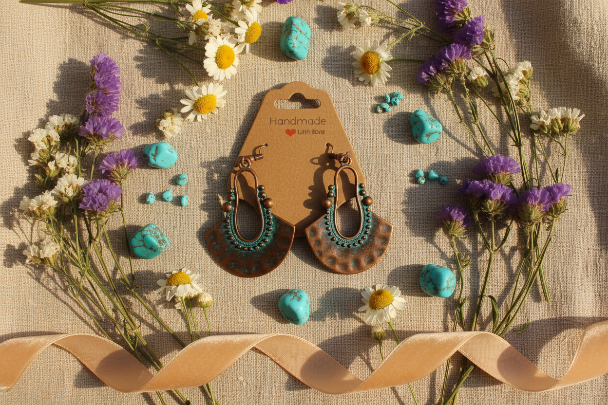 Copper crescent earrings with teal patina flat lay on linen with wildflowers and turquoise stones