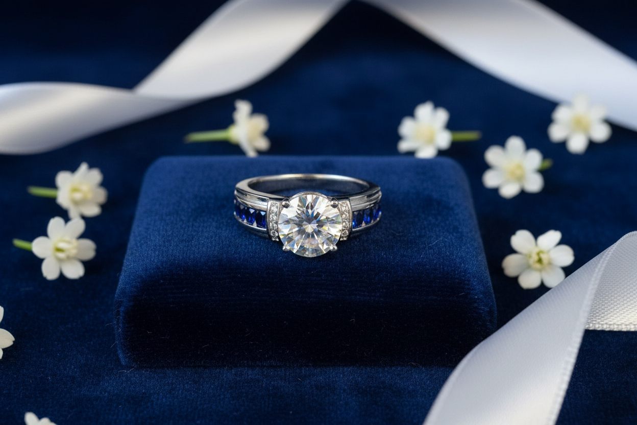Bold moissanite blue sapphire ring flat lay on navy velvet with white flowers and silver ribbon