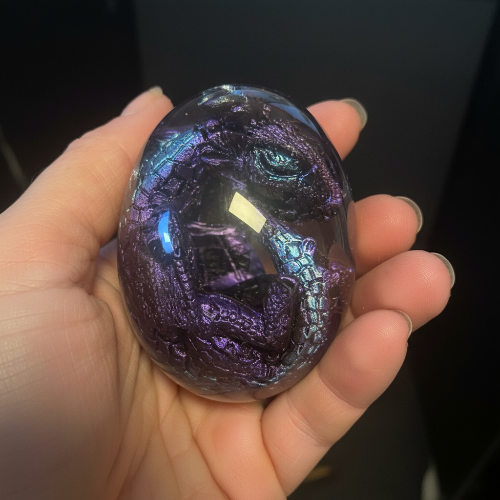 Close-up of midnight dragon iridescent purple and blue scale detail inside plexiglas egg