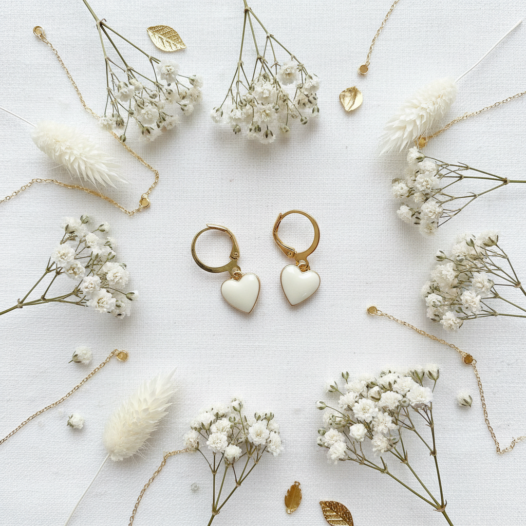Gold Hoop White Enamel Heart Earrings - Flat Lay