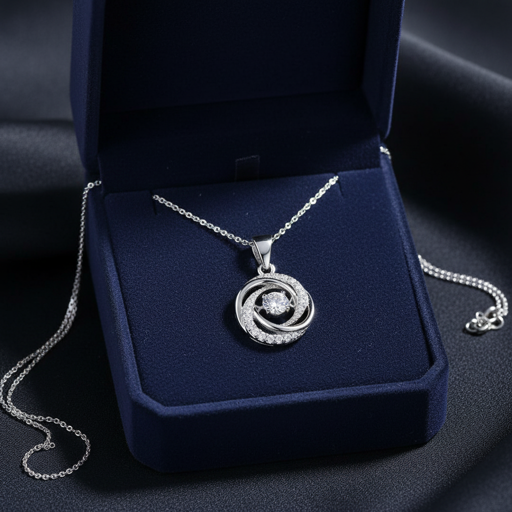 Dangling Daisy necklace gift-ready flat lay on navy velvet