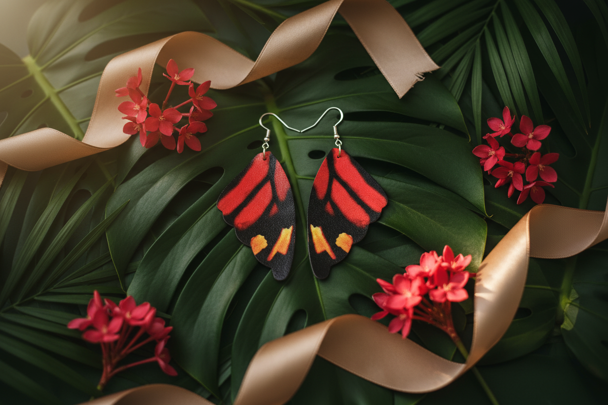 Butterfly wing pattern earrings flat lay on tropical leaves with red flowers