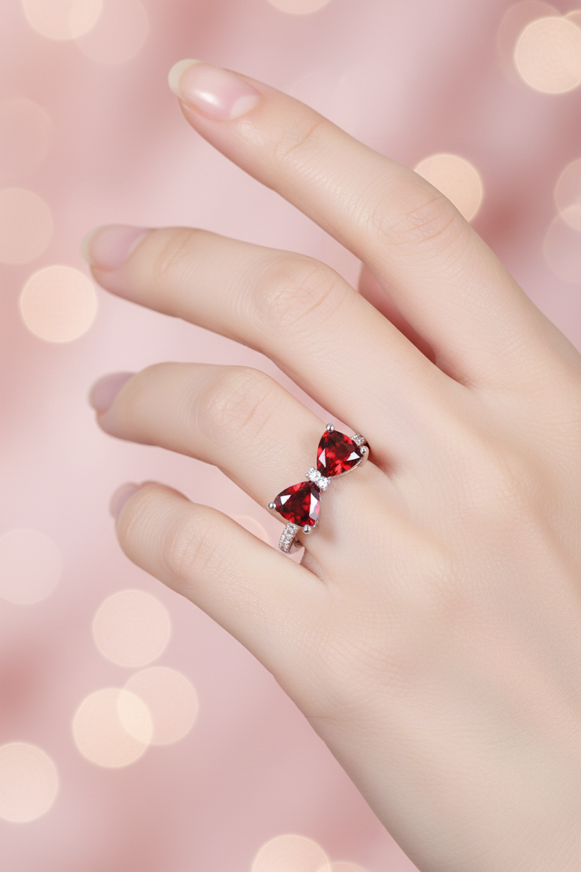 Silver double heart red gemstone ring worn on finger with soft blush pink bokeh