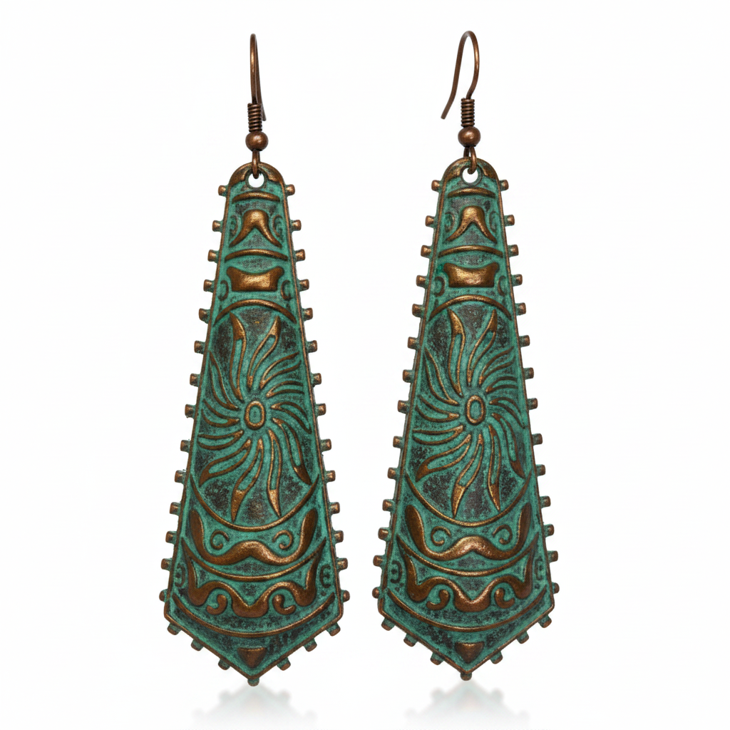 Long tapered teal-green copper dragonfly earrings on white background
