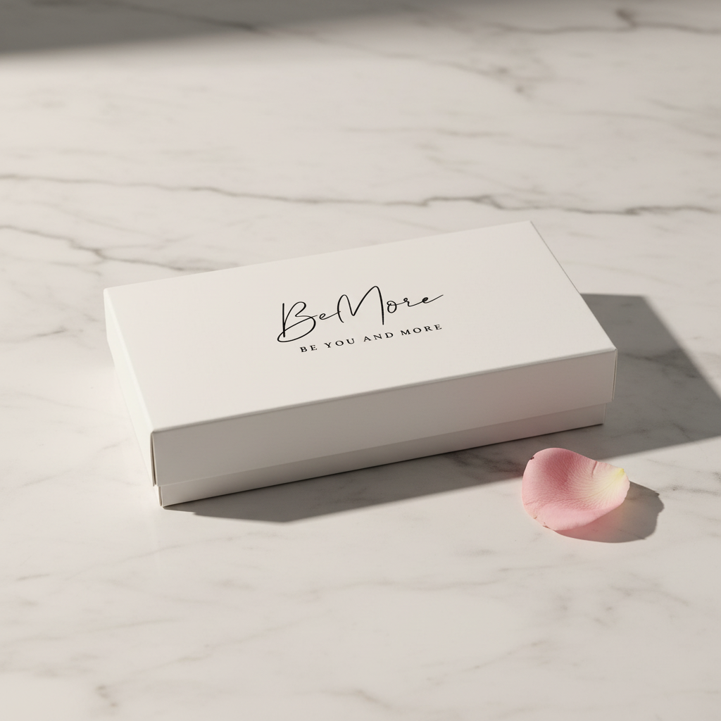 BeMore Beauty box with rose petal on marble