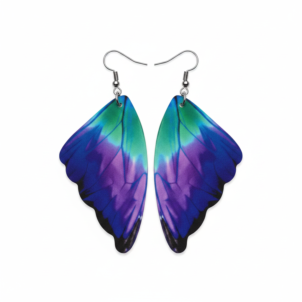 Butterfly wing pattern earrings in electric blue teal and purple on white background