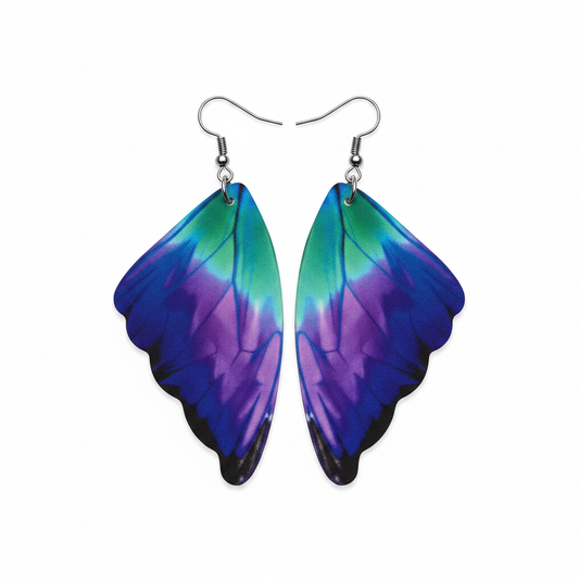 Butterfly wing pattern earrings in electric blue teal and purple on white background