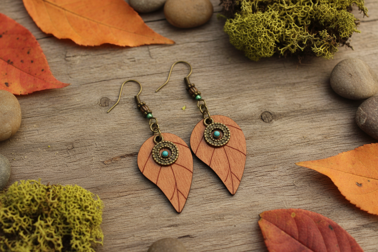 Copper leaf earrings with teal medallion flat lay on wood with autumn leaves and moss