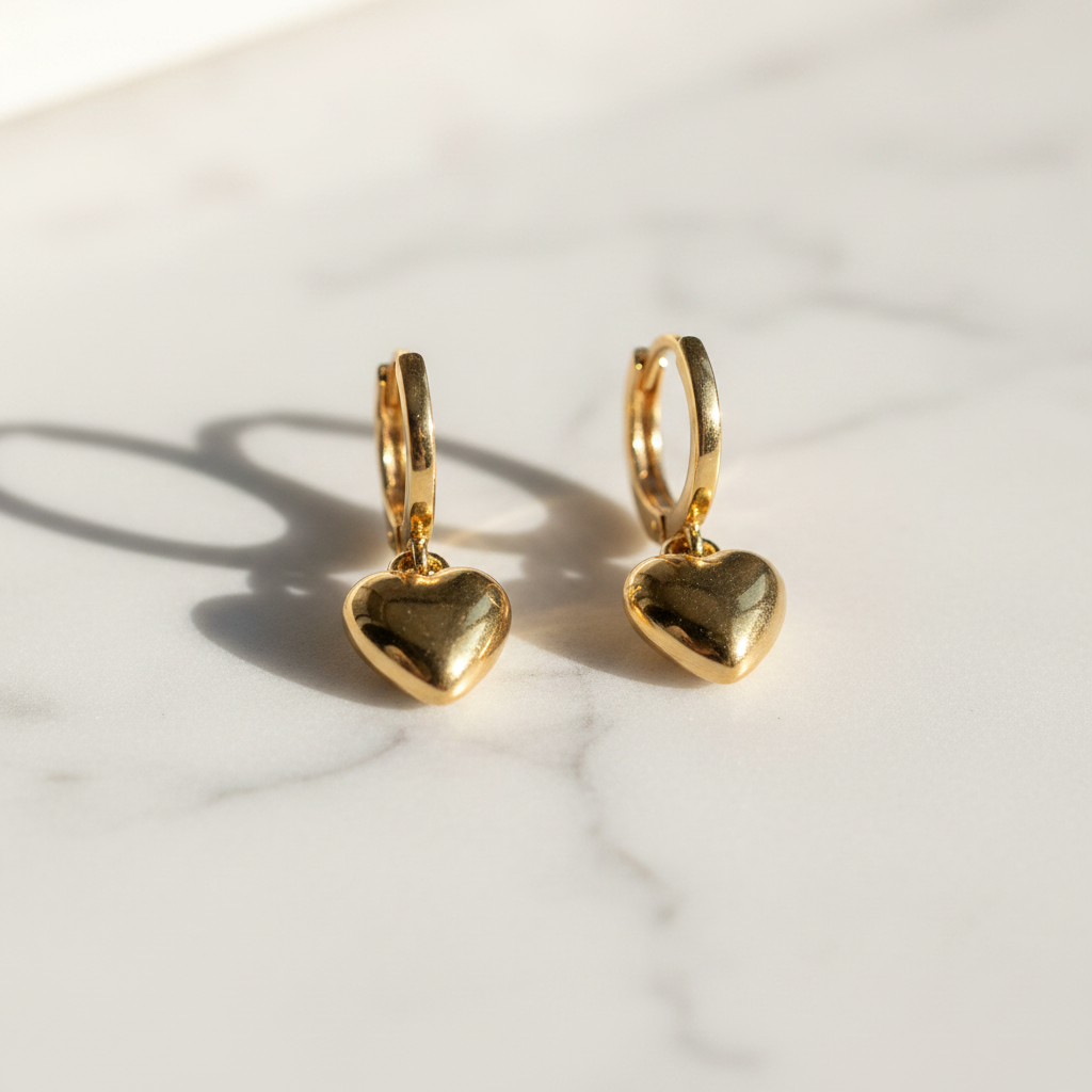 Gold Hoop Puffed Heart Charm Earrings - Studio