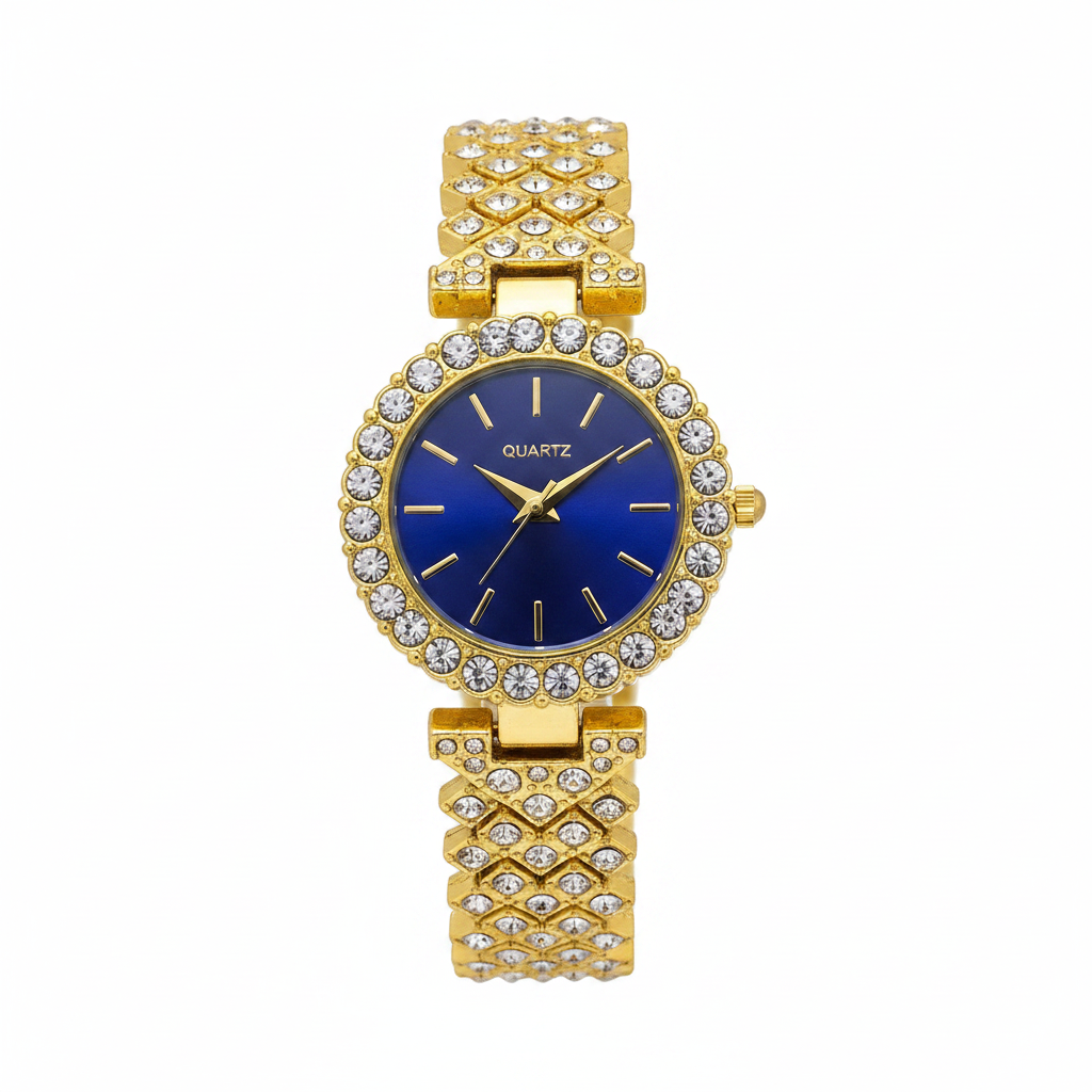 Gold Crystal Blue Dial Quartz Watch - Thumbnail