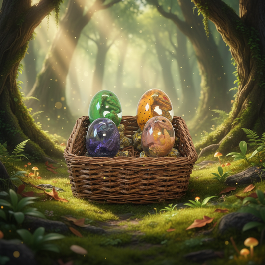 All four dragon eggs in a basket in an enchanted forest