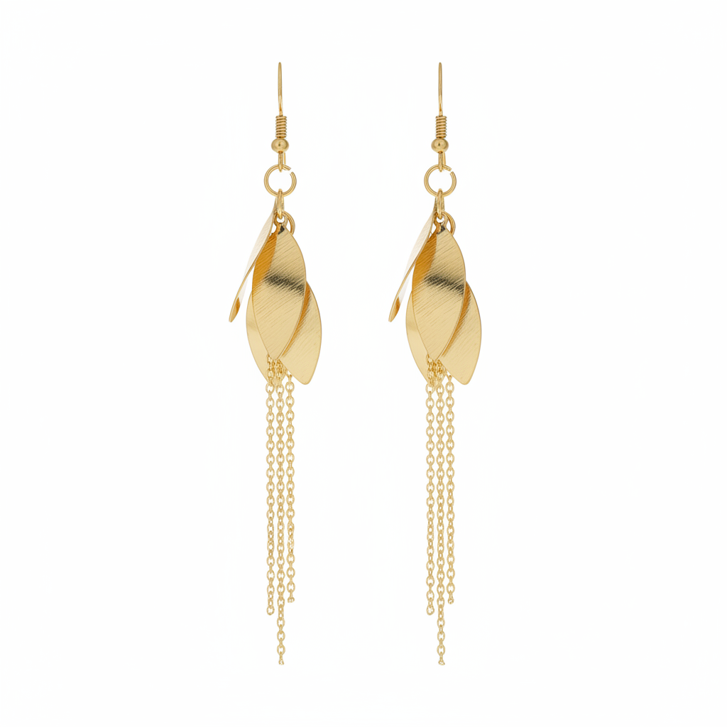 Gold Twisted Leaf Chain Tassel Drop Earrings - Thumbnail
