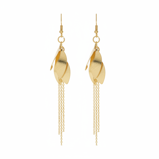 Gold Twisted Leaf Chain Tassel Drop Earrings - Thumbnail