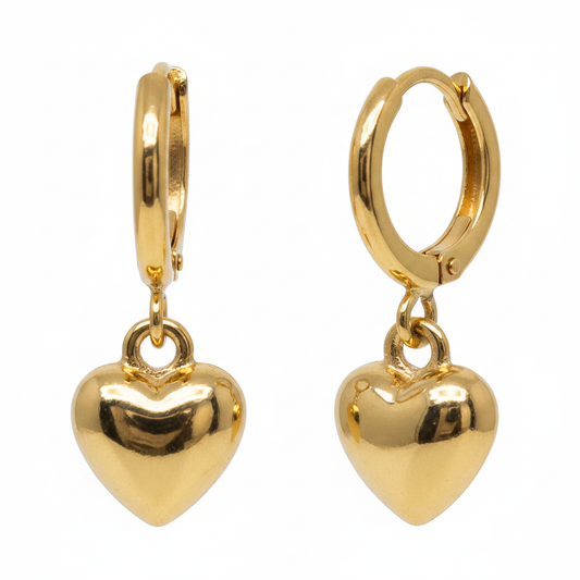 Gold Hoop Puffed Heart Charm Earrings - Thumbnail