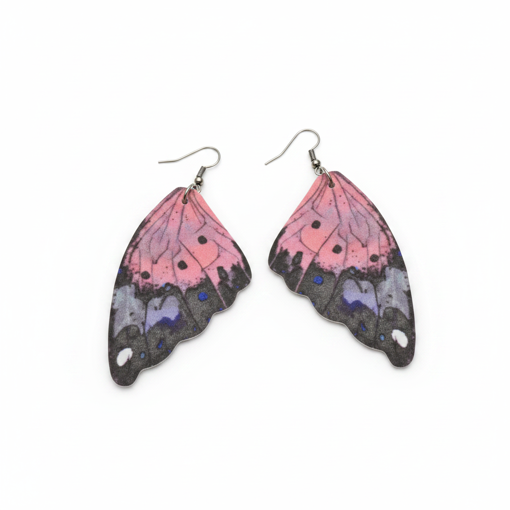 Butterfly wing pattern earrings in soft pink purple and charcoal on white background