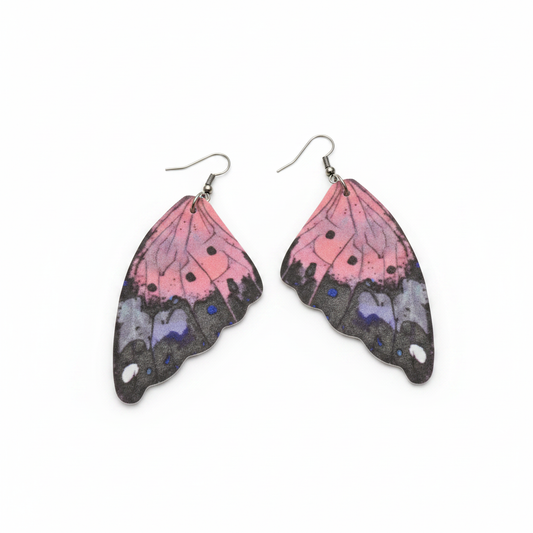 Butterfly wing pattern earrings in soft pink purple and charcoal on white background
