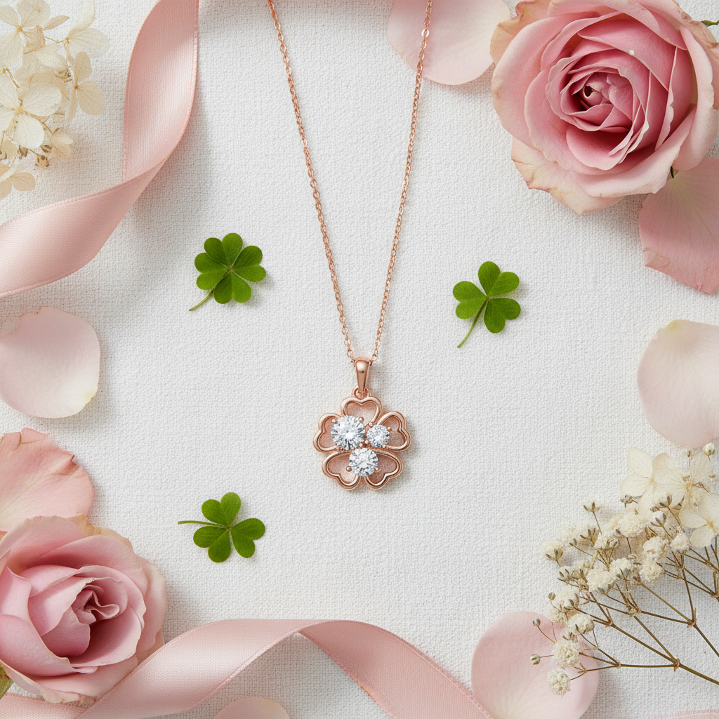 Rose Gold Four Leaf Clover Necklace - Gift Flat Lay
