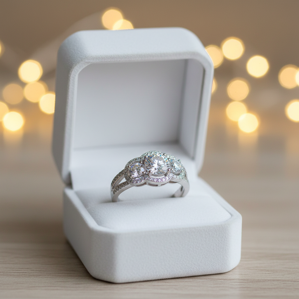 925 sterling silver three-stone halo ring displayed in open luxury white velvet ring box
