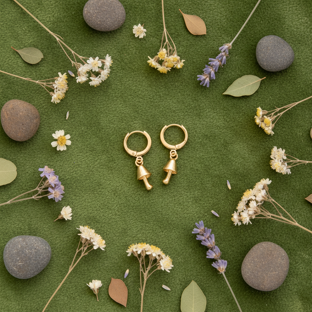 Gold Hoop Mushroom Charm Earrings - Flat Lay
