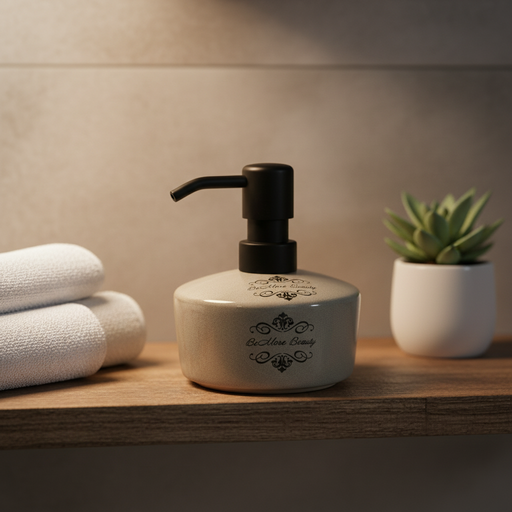 BeMore Dispenser lifestyle shot on wooden shelf with towel and plant
