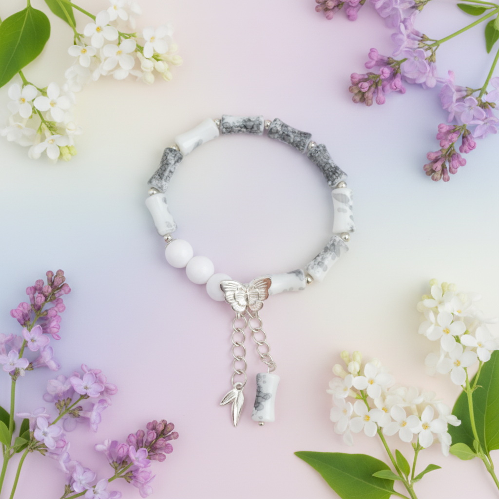 Butterfly Dream Bracelet romantic flat lay with wildflowers