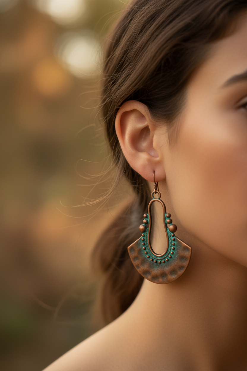 Crescent copper earrings with teal patina worn on ear with earthy bokeh background
