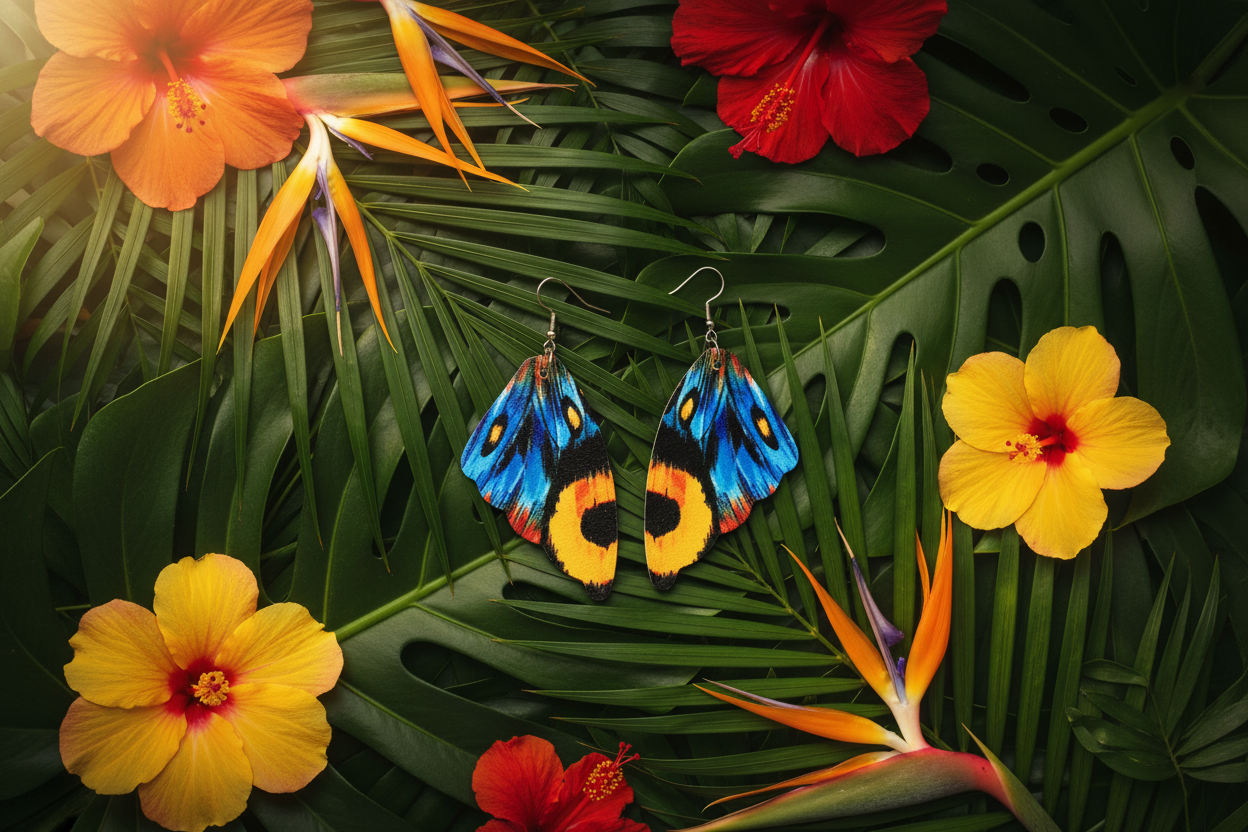 Vibrant multicolour butterfly wing earrings flat lay on tropical leaves with exotic flowers