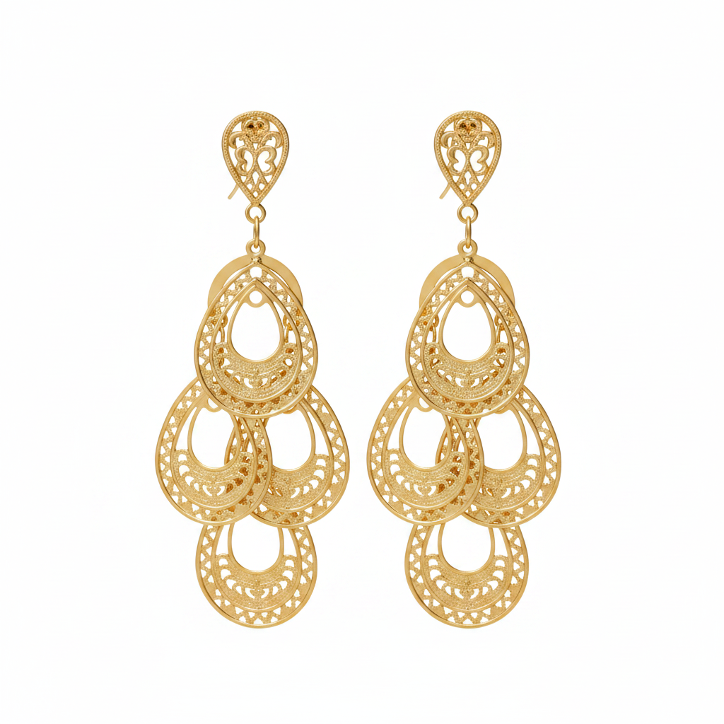 Gold Filigree Teardrop Drop Earrings - Thumbnail