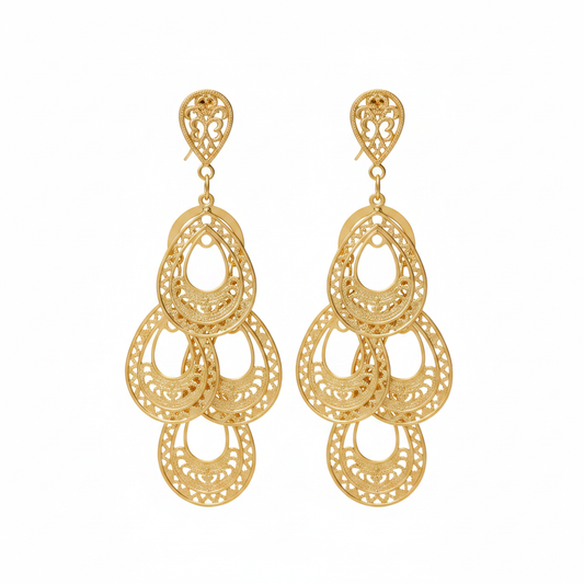 Gold Filigree Teardrop Drop Earrings - Thumbnail
