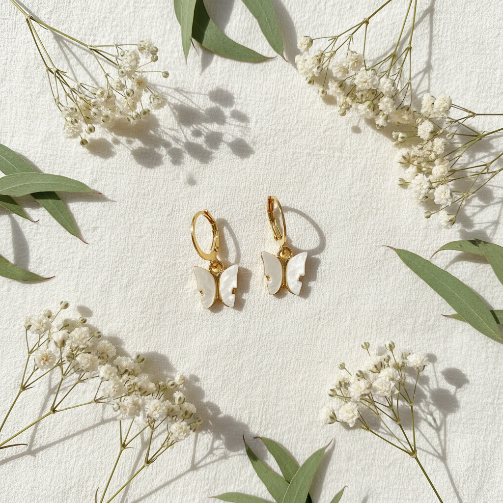 Gold Hoop White Enamel Butterfly Earrings - Flat Lay