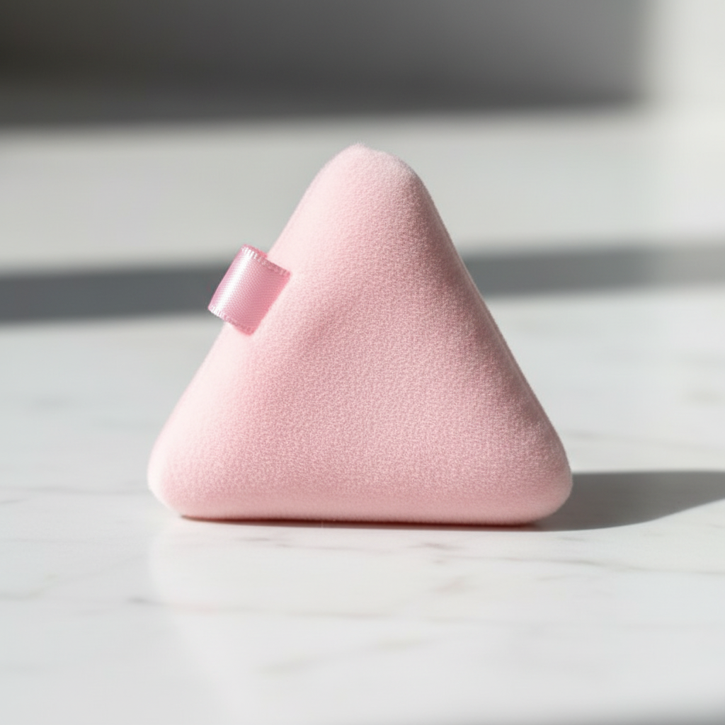 BeMore Puff Pads - close-up of pink triangular puff pad with satin ribbon