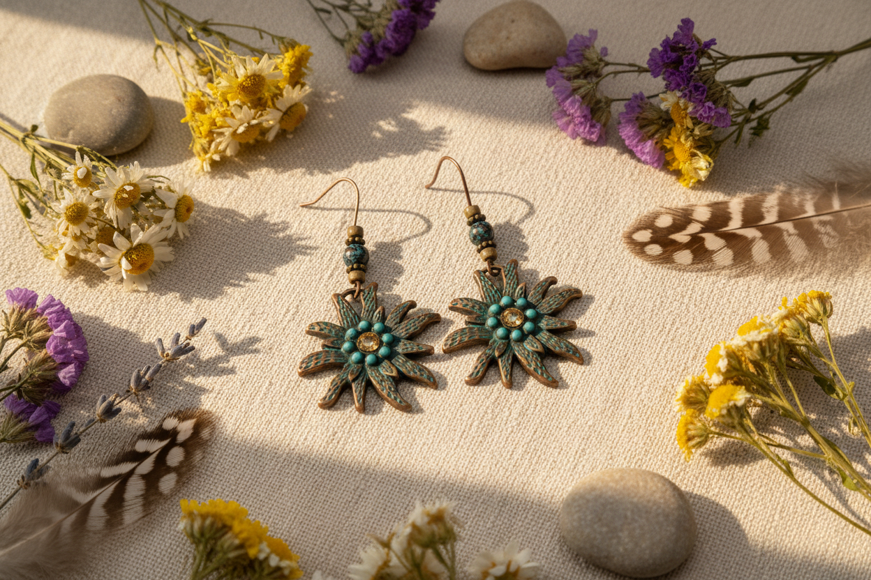 Boho copper earrings flat lay on linen with dried wildflowers and feathers