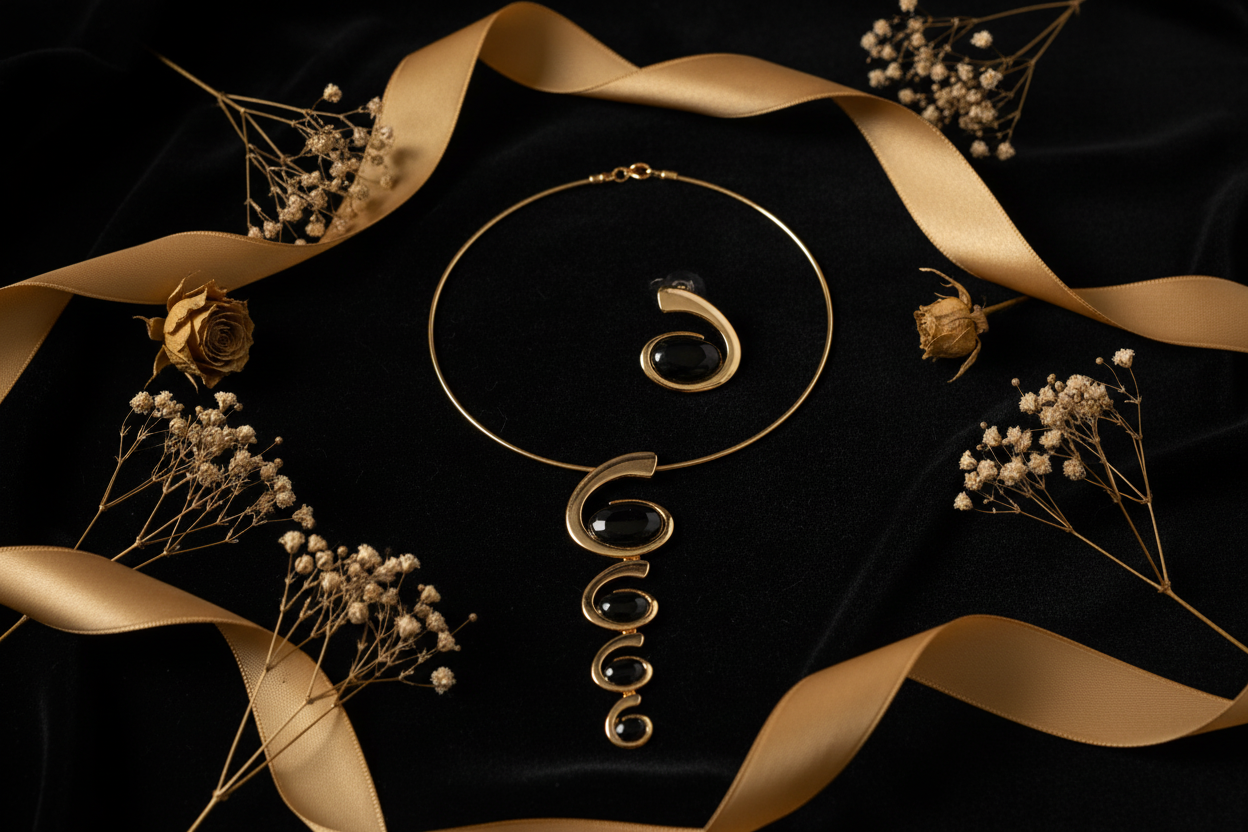 Gold geometric collar necklace and spiral hoop earring flat lay on black velvet with gold flowers