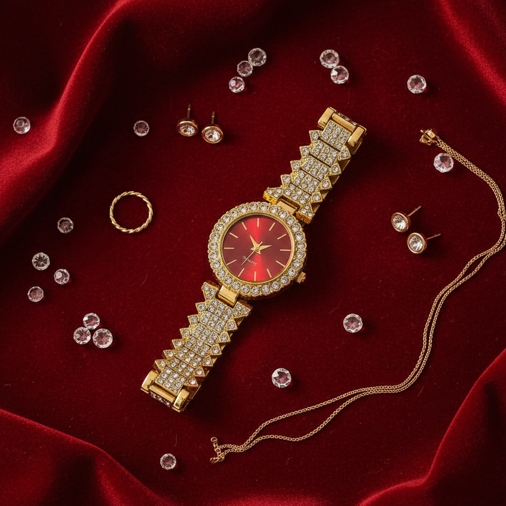 Gold Crystal Red Dial Quartz Watch - Flat Lay